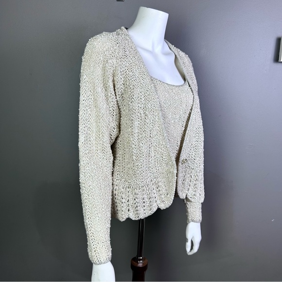 Vintage Cardigan Sweater Size Large twinset Irish Linen Crochet knitted metallic - Picture 2 of 16